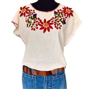 Vintage Traditional Cotton Hand Embroidered Floral Peasant Top- Made in Mexico